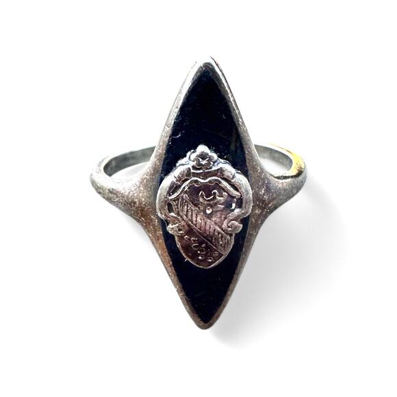 Vintage Sterling Silver Sorority Crest Ring Black Enamel Marquise Shield 925 7 - Picture 1 of 4